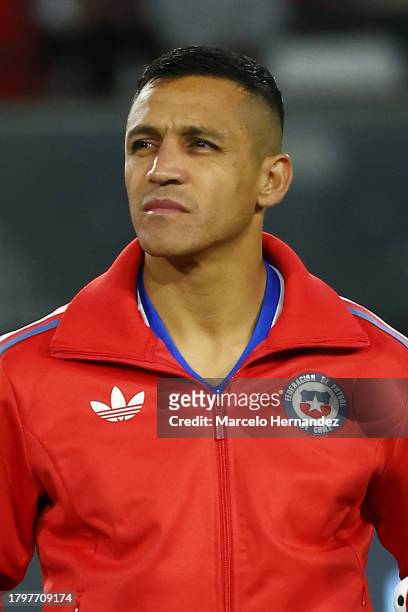 Alexis Sanchez of Chile stands for the national anthem prior a FIFA World Cup 2026 Qualifier match between Chile and Paraguay at Estadio Monumental...