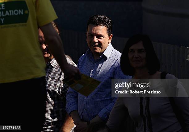 Nick Xenophon Independent senator for SA waits in line to cast his vote in the electorate of Sturt on election day on September 7, 2013 in Adelaide,...