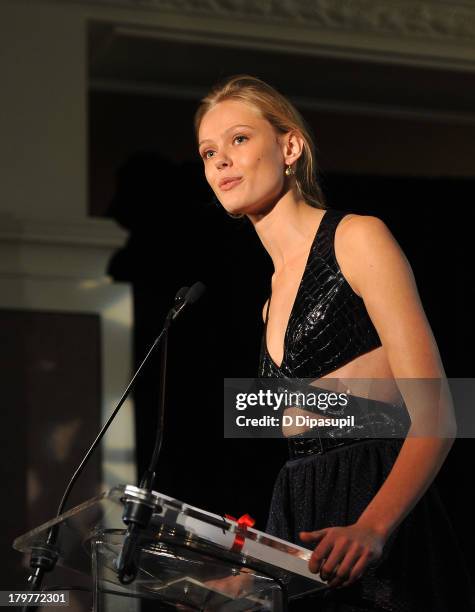 Model Frida Gustavsson speaks onstage at The Daily Front Row's Fashion Media Awards at Harlow on September 6, 2013 in New York City.