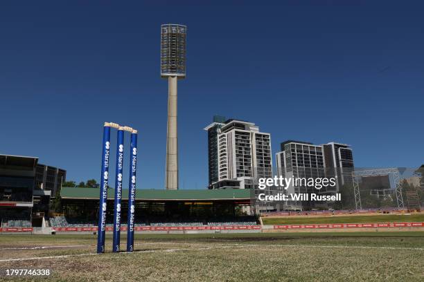 The Marsh stumps can be seen during the Sheffield Shield match between Western Australia and South Australia at WACA, on November 17 in Perth,...