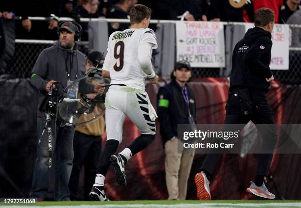 Joe Burrow of the Cincinnati Bengals heads to the locker room after a play against the Baltimore Ravens during the second quarter of the game at M&T...
