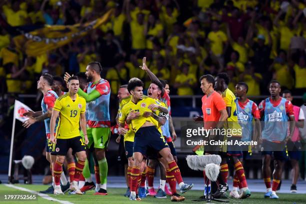 Luis Diaz of Colombia celebrates with teammates after scoring the team's first goal during the FIFA World Cup 2026 Qualifier match between Colombia...