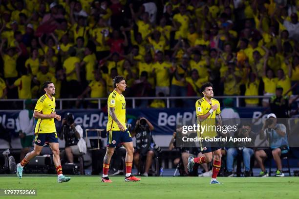 Luis Diaz of Colombia celebrates with teammates after scoring the team's first goal during the FIFA World Cup 2026 Qualifier match between Colombia...