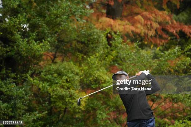 Ririna Staiano of Japan hits her tee shot on the 2nd hole during the final round of Kyoto Ladies Open at Joyo Country Club on November 17, 2023 in...