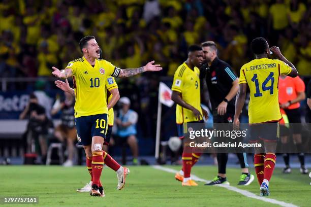 James Rodriguez of Colombia celebrates the team's first goal during the FIFA World Cup 2026 Qualifier match between Colombia and Brazil at Estadio...