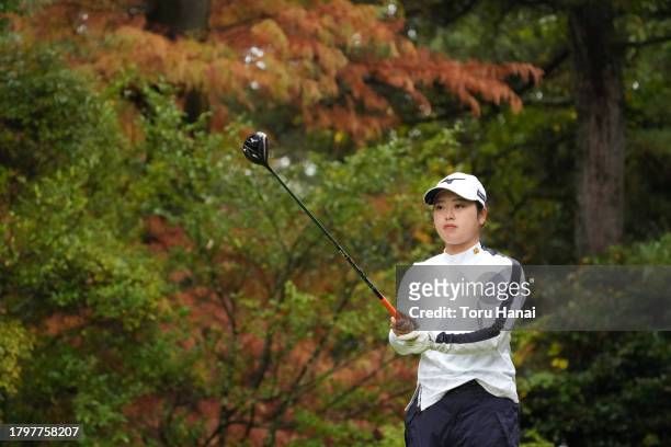 Kano Nakamura of Japan is seen before her tee shot on the 2nd hole during the final round of Kyoto Ladies Open at Joyo Country Club on November 17,...