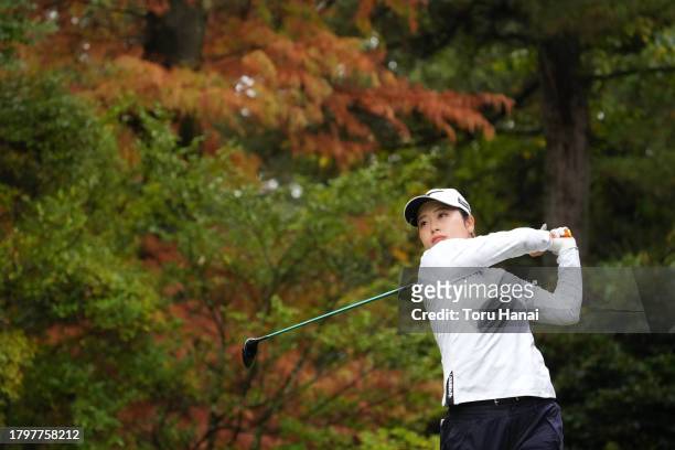 Kano Nakamura of Japan hits her tee shot on the 2nd hole during the final round of Kyoto Ladies Open at Joyo Country Club on November 17, 2023 in...