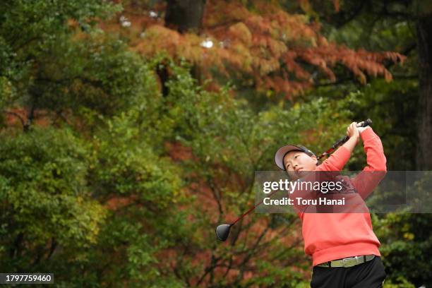 Amateur Ayumi Tokunaga of Japan hits her tee shot on the 2nd hole during the final round of Kyoto Ladies Open at Joyo Country Club on November 17,...