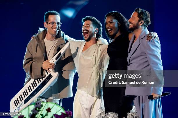 Edgar Barrera, Camilo, IZA and Manuel Carrasco perform on stage during the 23rd Annual Latin GRAMMY Awards at FIBES Conference and Exhibition Centre...