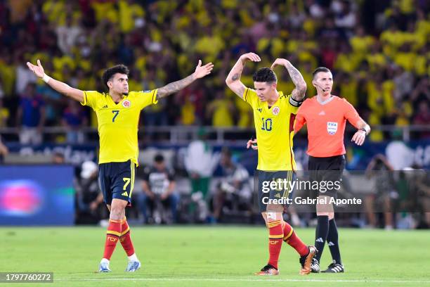 Luis Diaz of Colombia celebrates with James Rodriguez after scoring the team's second goal during the FIFA World Cup 2026 Qualifier match between...