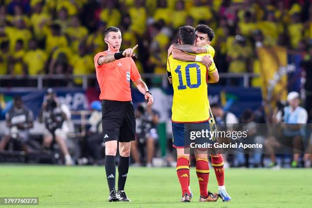 Luis Diaz of Colombia celebrates with James Rodriguez after scoring the team's second goal during the FIFA World Cup 2026 Qualifier match between...