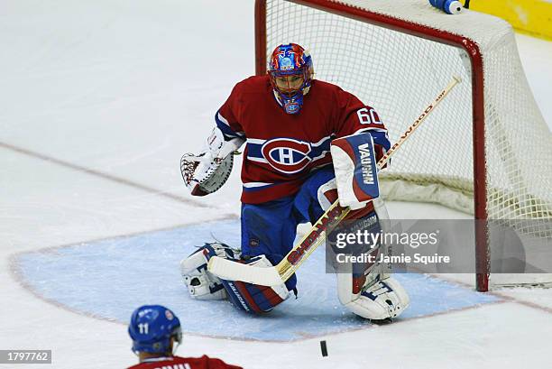 Goalie Jose Theodore of the Montreal Canadiens tries to stop a shot on goal during the game against the Atlanta Thrashers on January 15, 2002 at...