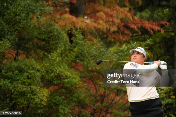 Rena Ishikawa of Japan hits her tee shot on the 2nd hole during the final round of Kyoto Ladies Open at Joyo Country Club on November 17, 2023 in...