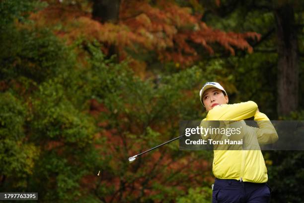 Kana Taneda of Japan hits her tee shot on the 2nd hole during the final round of Kyoto Ladies Open at Joyo Country Club on November 17, 2023 in Joyo,...