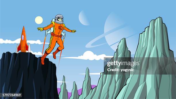 vector retro female astronaut exploring a planet on a jetpack stock illustration - rocket pack stock illustrations