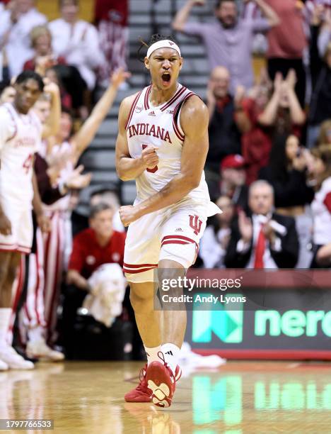 Malik Reneau of the Indiana Hoosiers celebrates in the game against the Wright State Raiders at Simon Skjodt Assembly Hall on November 16, 2023 in...