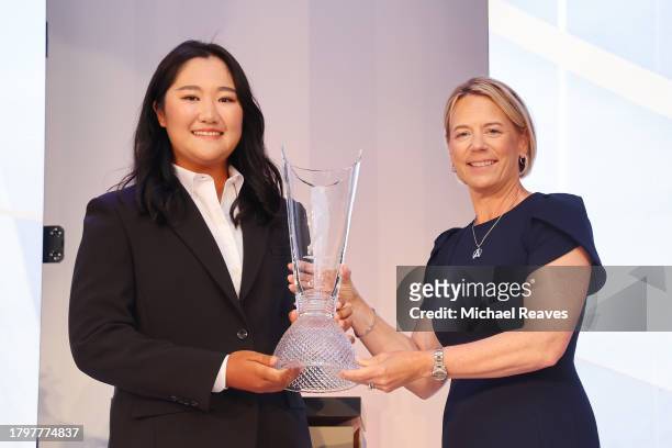 Hae Ran Ryu of South Korea poses for a photo with Annika Sorenstam as she accepts the 2023 Louise Suggs Rolex Rookie of the Year award during the...