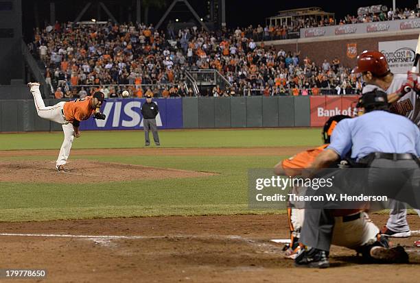 Yusmeiro Petit of the San Francisco Giants pitches to Eric Chavez of the Arizona Diamondbacks in the ninth inning at AT&T Park on September 6, 2013...