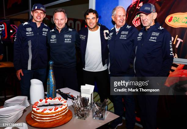 Max Verstappen of the Netherlands and Oracle Red Bull Racing, Sergio Perez of Mexico and Oracle Red Bull Racing, Red Bull Racing Team Consultant Dr...
