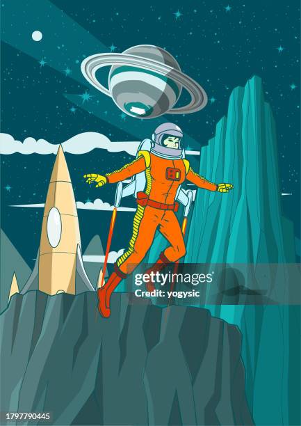 vector retro vintage female astronaut exploring a moon surface on a jetpack poster stock illustration - retro futurism space stock illustrations