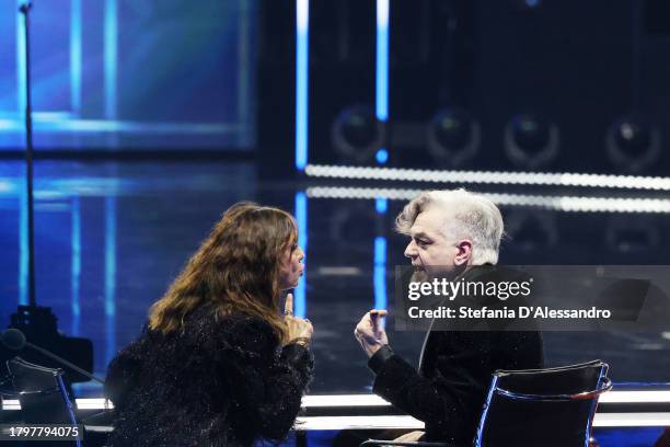 Ambra Angiolini and Morgan attend the X Factor live tv show on November 16, 2023 in Milan, Italy.