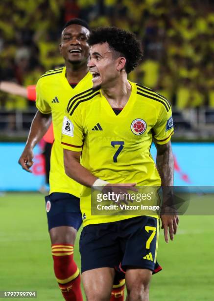 Luis Diaz of Colombia celebrates after scoring the team's second goal during the FIFA World Cup 2026 Qualifier match between Colombia and Brazil at...