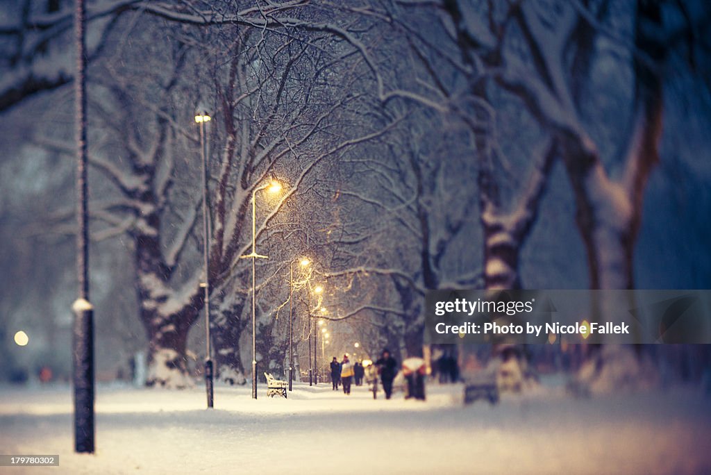 London Fields in the snow (tilt-shift)