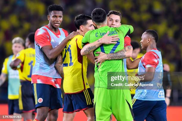 Camilo Vargas of Colombia celebrates with teammates after a victory in the FIFA World Cup 2026 Qualifier match between Colombia and Brazil at Estadio...