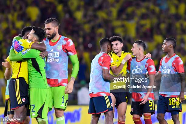 Camilo Vargas of Colombia celebrates with teammates after a victory in the FIFA World Cup 2026 Qualifier match between Colombia and Brazil at Estadio...