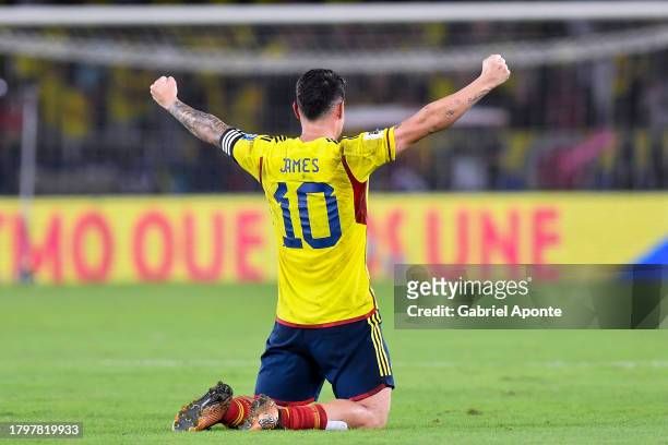 James Rodriguez of Colombia celebrates after the FIFA World Cup 2026 Qualifier match between Colombia and Brazil at Estadio Metropolitano Roberto...