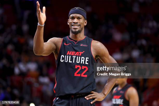 Jimmy Butler of the Miami Heat reacts during the first quarter of the game against the Brooklyn Nets at Kaseya Center on November 16, 2023 in Miami,...