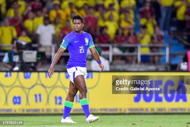 Endrick of Brazil looks on during the FIFA World Cup 2026 Qualifier match between Colombia and Brazil at Estadio Metropolitano Roberto Meléndez on...