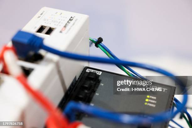Device designed to detect hacks manufactured by cybersecurity firm Fortinet is seen on display during the company's Informational Security Carnival...