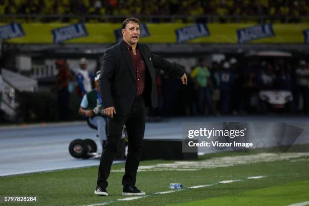 Nestor Lorenzo, head coach of Colombia, gestures during the FIFA World Cup 2026 Qualifier match between Colombia and Brazil at Estadio Metropolitano...