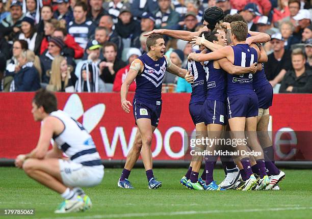 Stephen Hill of the Dockers and teamates celebrate winning on the final siren next to Andrew Mackie of the Cats during the Second AFL Qualifying...