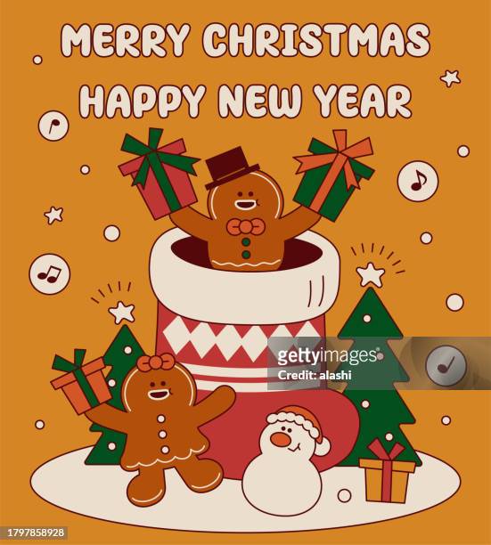 cute gingerbread couple popping out of a big christmas stocking to give christmas presents and wish you a merry christmas and a happy new year with a snowman - big xmas stocking stock illustrations