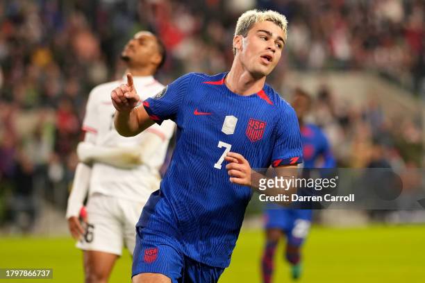 Gio Reyna of the United States celebrates scoring during the second half of a Concacaf Nations League Quarterfinal Round leg 1 match against Trinidad...