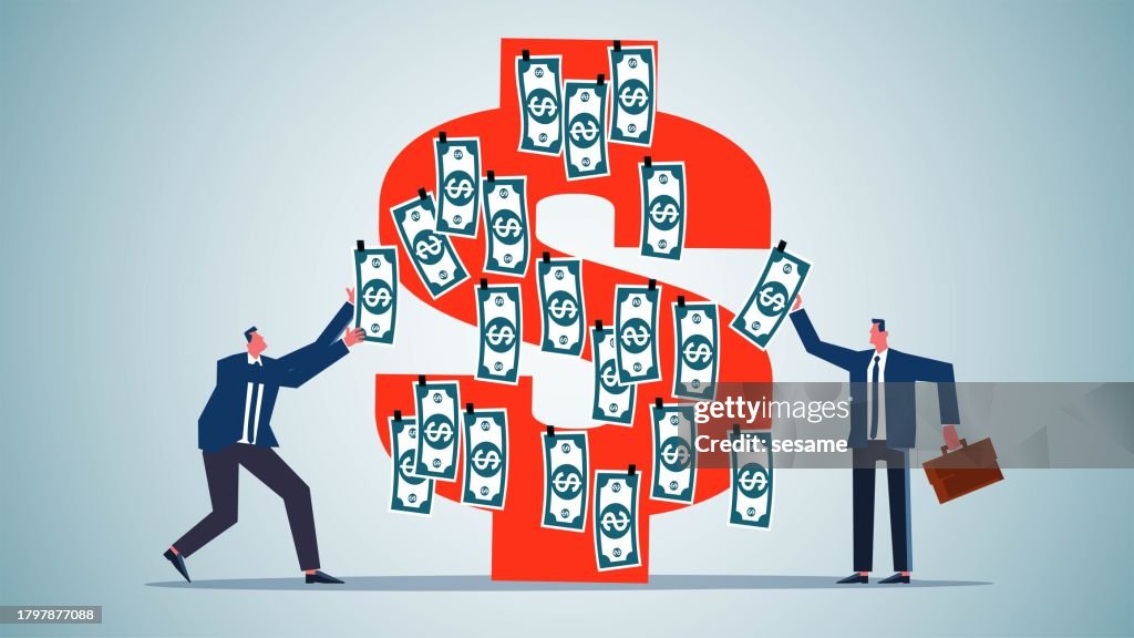 Ganancias y Dividendos, Inversiones y Rendimientos de Inversiones, Estrategia de Negocios, Pensamiento de Negocios, Hombres de Negocios Recogiendo Dólares de Signos de Dólar Gigantes