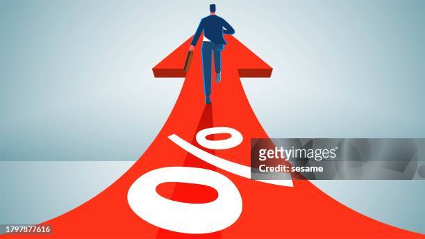 increase in profit or income, growth in marketing, increase in interest or rates, successful business investment, businessman running on the arrow of percentage sign growth - sales effort stock illustrations