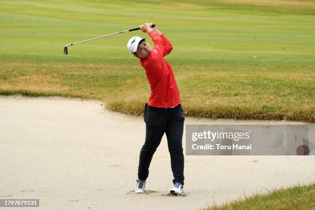 Nao Obayashi of Japan hits her second shot out from a bunker on the 3rd hole during the final round of Kyoto Ladies Open at Joyo Country Club on...