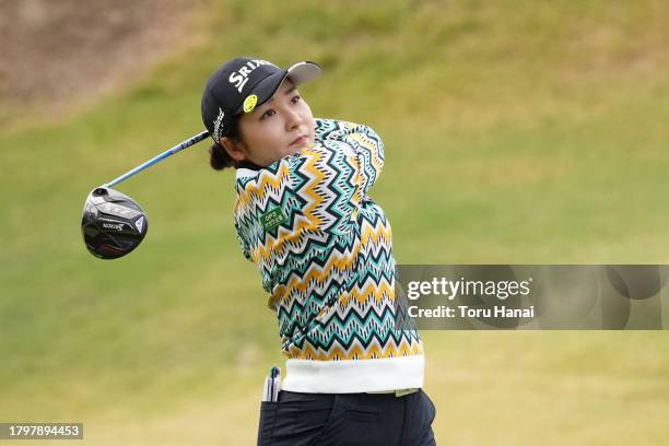 Nozomi Osuga of Japan hits her tee shot on the 4th hole during the final round of Kyoto Ladies Open at Joyo Country Club on November 17, 2023 in...