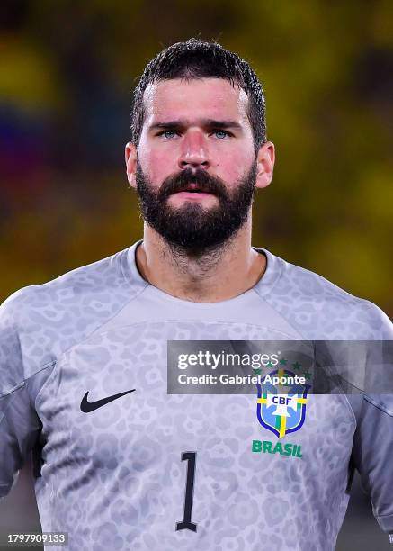 Alisson of Brazil looks on prior the FIFA World Cup 2026 Qualifier match between Colombia and Brazil at Estadio Metropolitano Roberto Meléndez on...