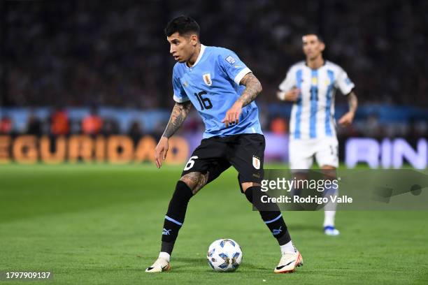 Mathias Olivera of Uruguay controls the ball during a FIFA World Cup 2026 Qualifier match between Argentina and Uruguay at Estadio Alberto J. Armando...