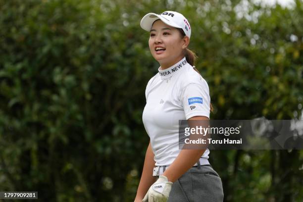 Yumeka Kobayashi of Japan reacts after her tee shot on the 5th hole during the final round of Kyoto Ladies Open at Joyo Country Club on November 17,...