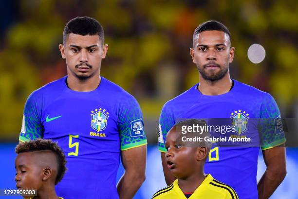 André and Renan Lodi of Brazil look on prior the FIFA World Cup 2026 Qualifier match between Colombia and Brazil at Estadio Metropolitano Roberto...