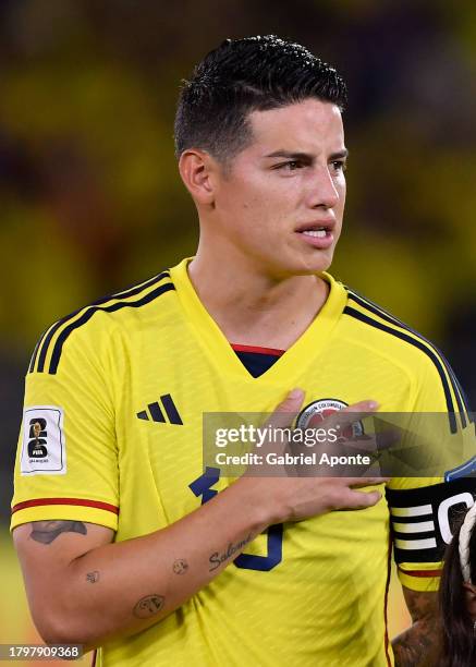 James Rodriguez of Colombia looks on prior the FIFA World Cup 2026 Qualifier match between Colombia and Brazil at Estadio Metropolitano Roberto...