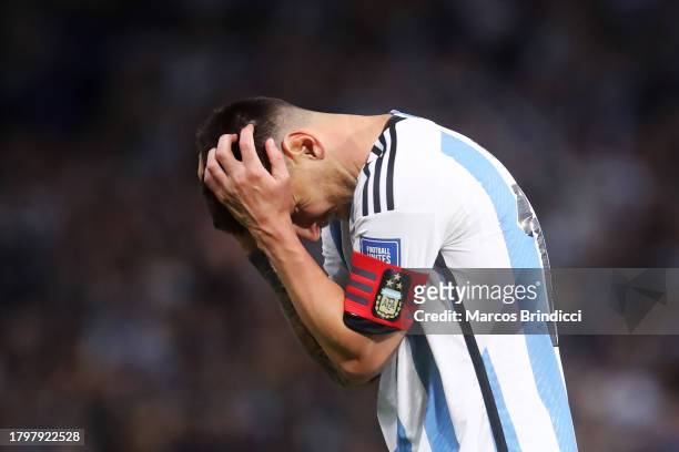 Lionel Messi of Argentina reacts during a FIFA World Cup 2026 Qualifier match between Argentina and Uruguay at Estadio Alberto J. Armando on November...