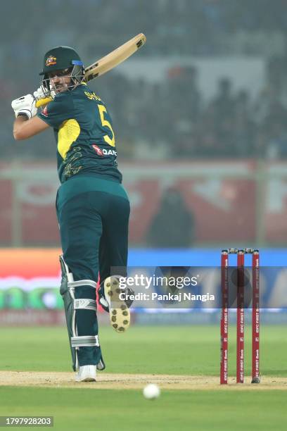 Australia's Matt Short plays a shot during game one of the T20 International Series between India and Australia at Dr YS Rajasekhara Reddy ACA-VDCA...