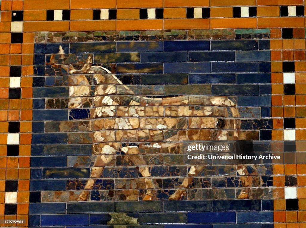 Ishtar Gates, Babylon plus details showing palms, lions and animals.