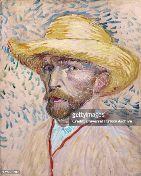 Painted self-portrait with straw hat. By Vincent Van Gogh. 1887, Oil on canvas.